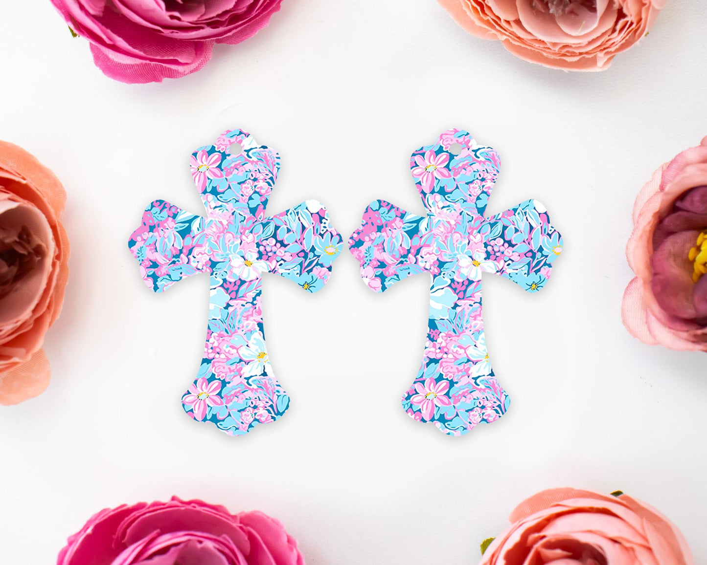 Pastel Blue & Pink Floral Cross Earring Blanks