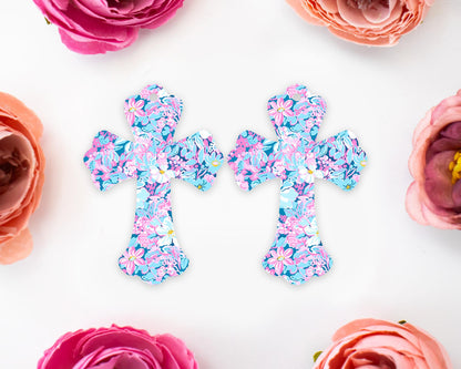 Pastel Blue & Pink Floral Cross Earring Blanks