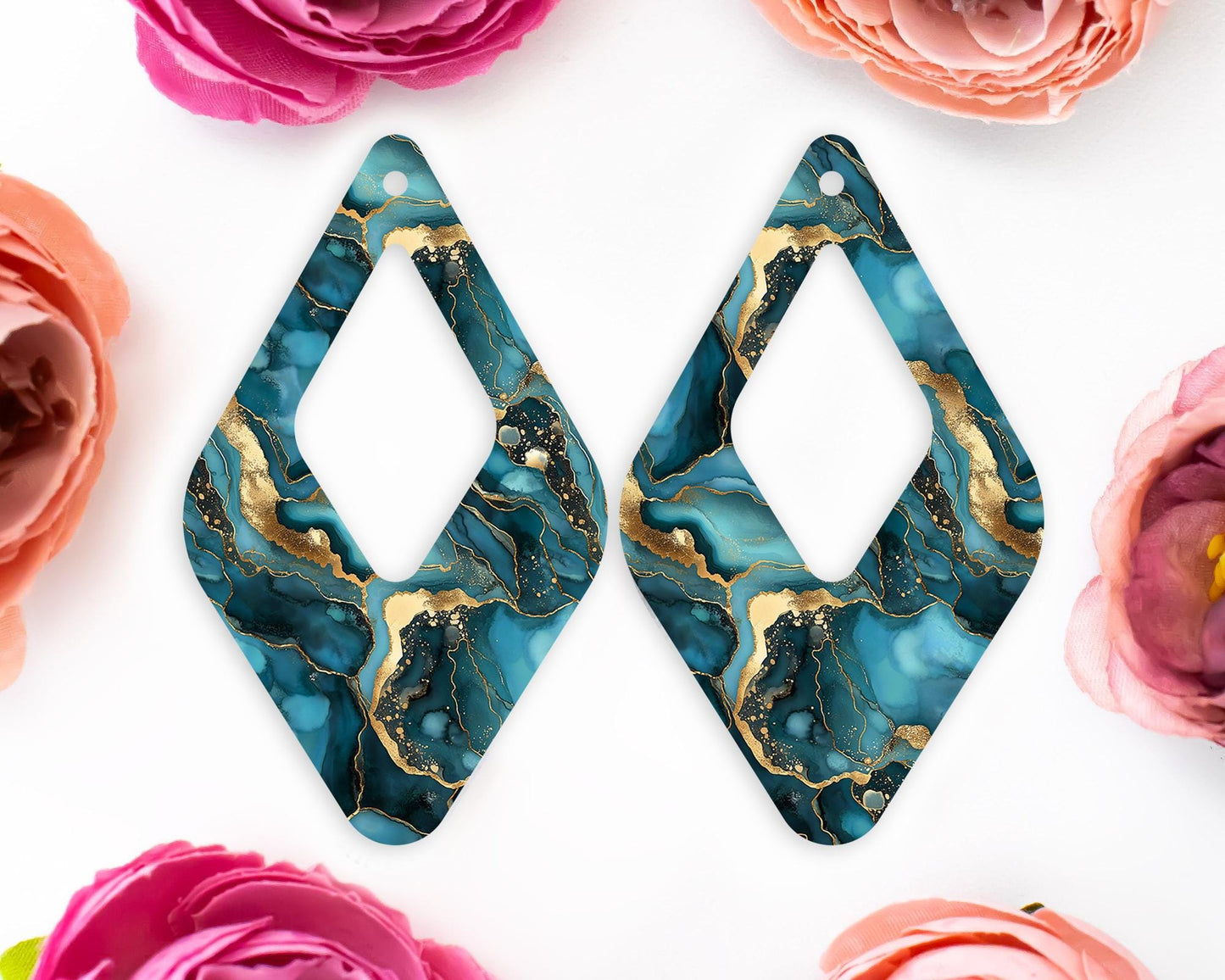 Teal Geode Pattern Diamond Teardrop Earrings Blanks