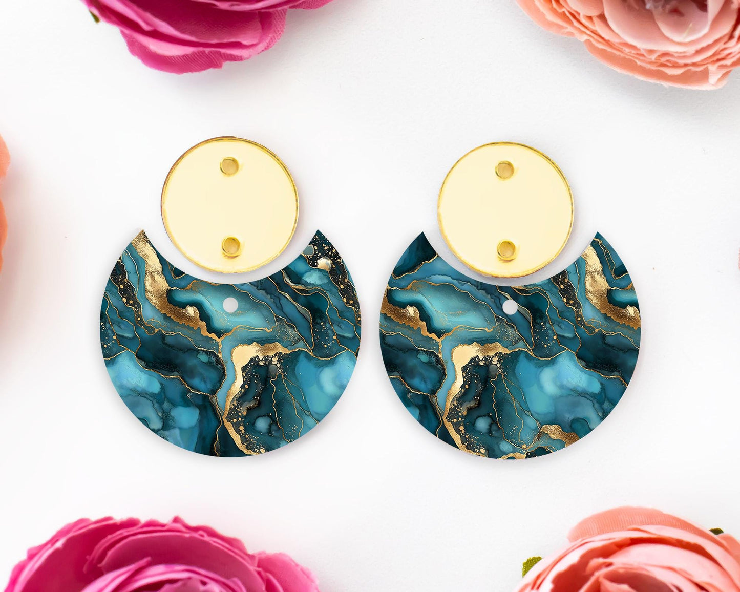 Teal Geode Pattern Circle Drop Earrings Blanks