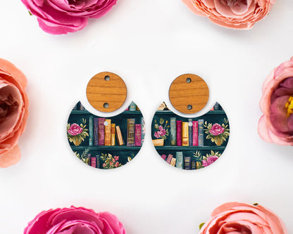 Books Pattern Circle Drop Earring Blanks