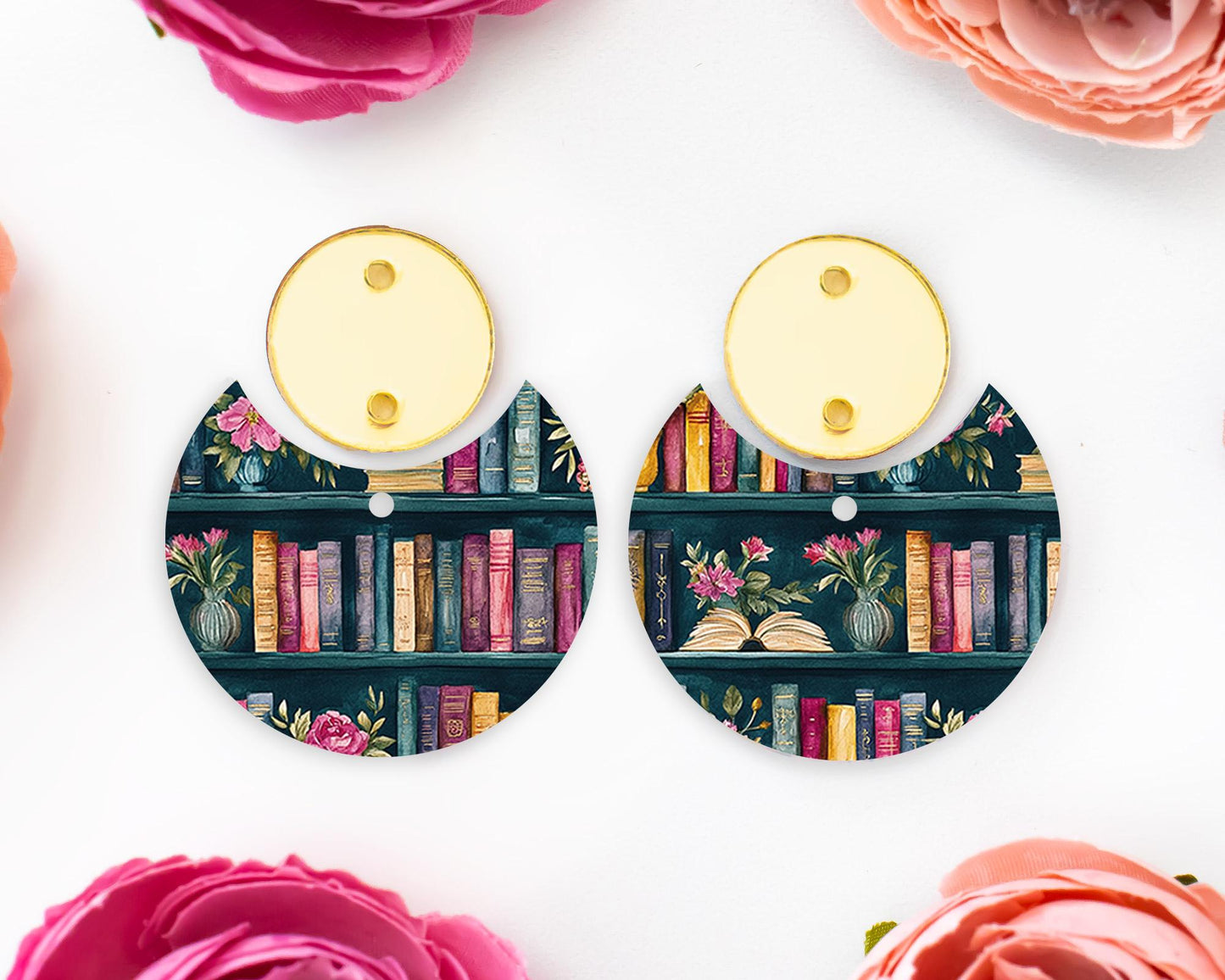 Books Pattern Circle Drop Earring Blanks