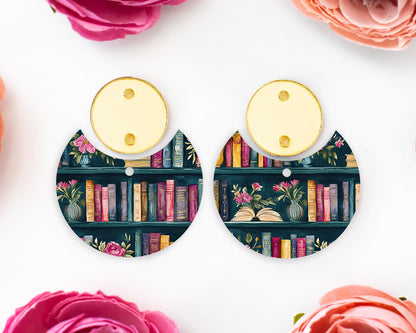 Books Pattern Circle Drop Earring Blanks
