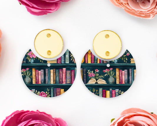 Books Pattern Circle Drop Earring Blanks