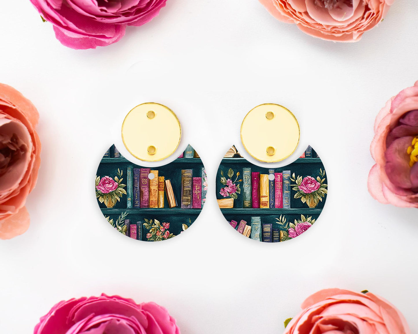 Books Pattern Circle Drop Earring Blanks