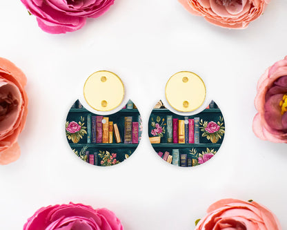 Books Pattern Circle Drop Earring Blanks