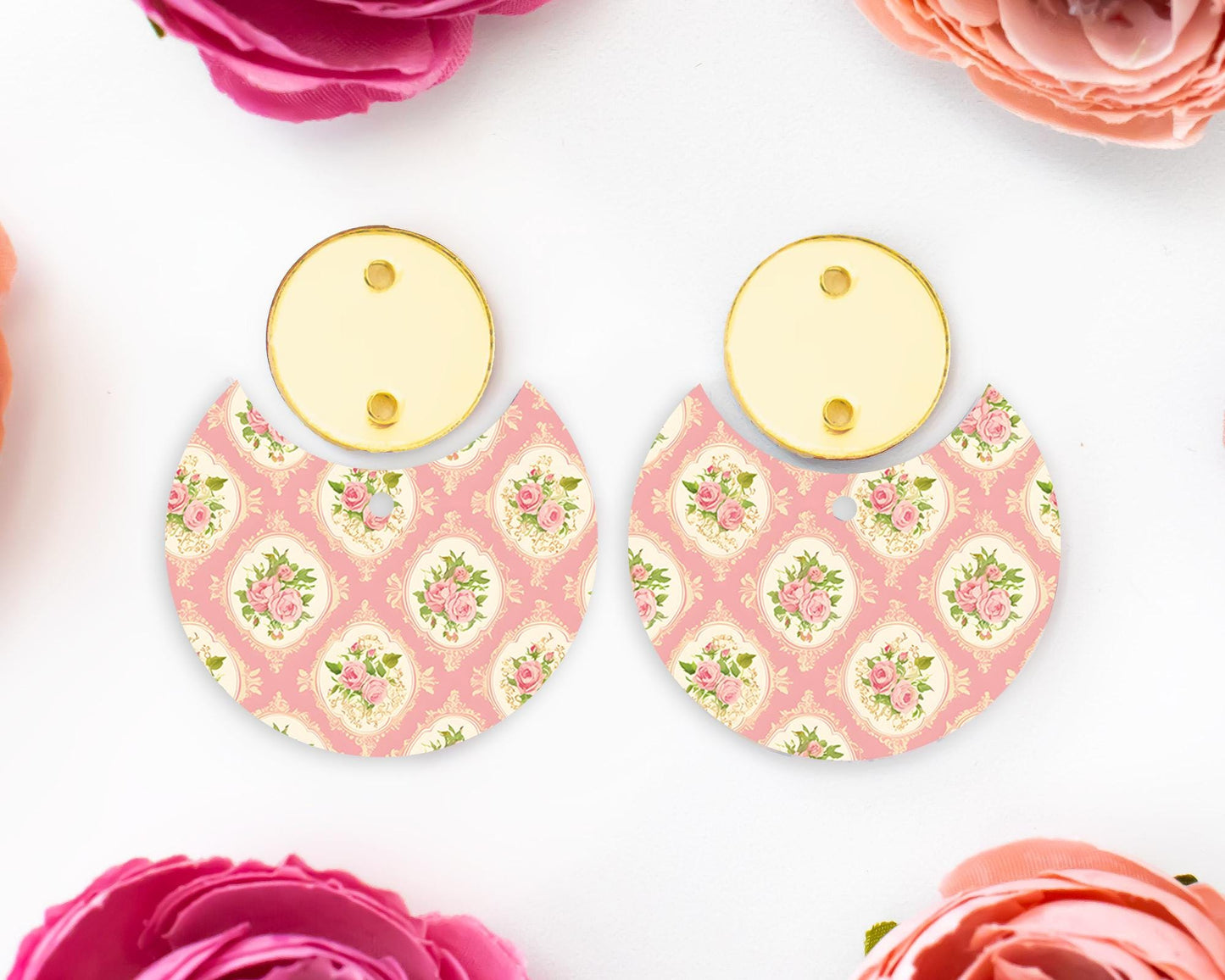 Pink Vintage Flowers Circle Drop Earrings Blanks