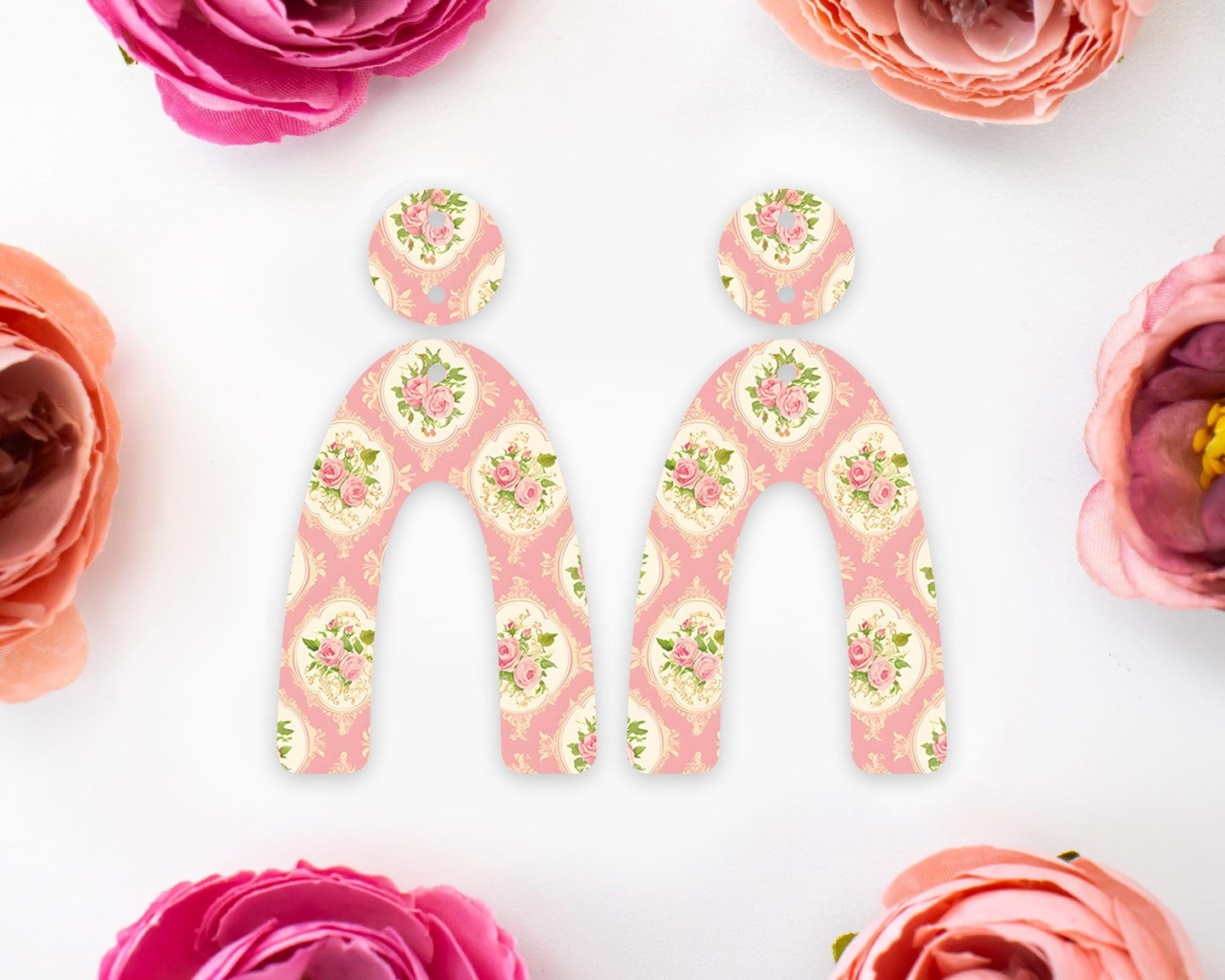 Pink Vintage Flowers Arch Earrings Blanks