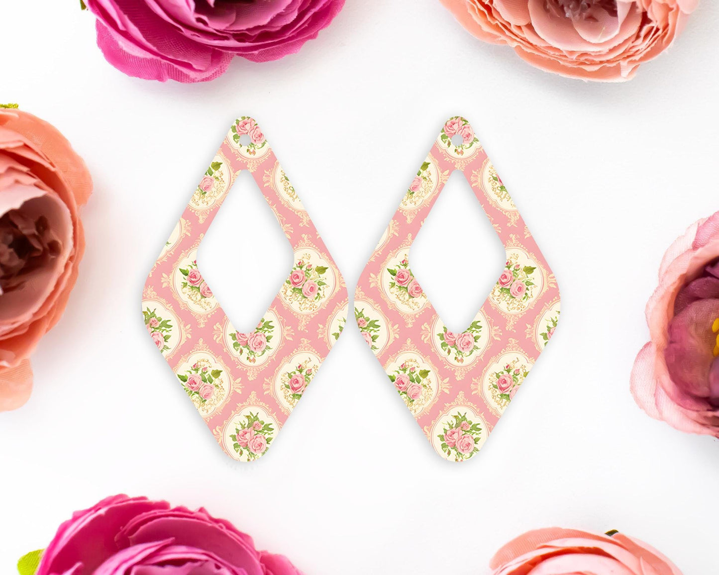 Pink Vintage Flowers Teardrop Earrings Blanks