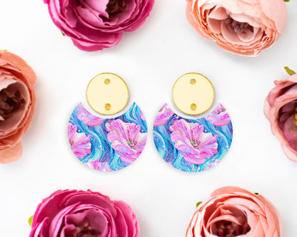Pink & Blue Preppy Flowers Circle Drop Earrings Blanks