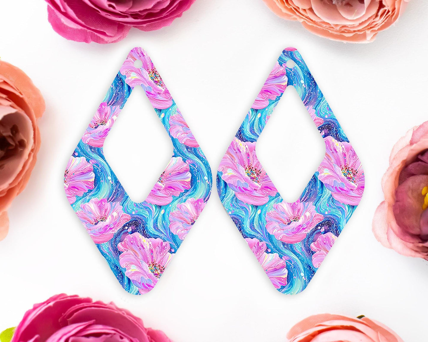 Pink & Blue Flowers Teardrop Earrings Blanks