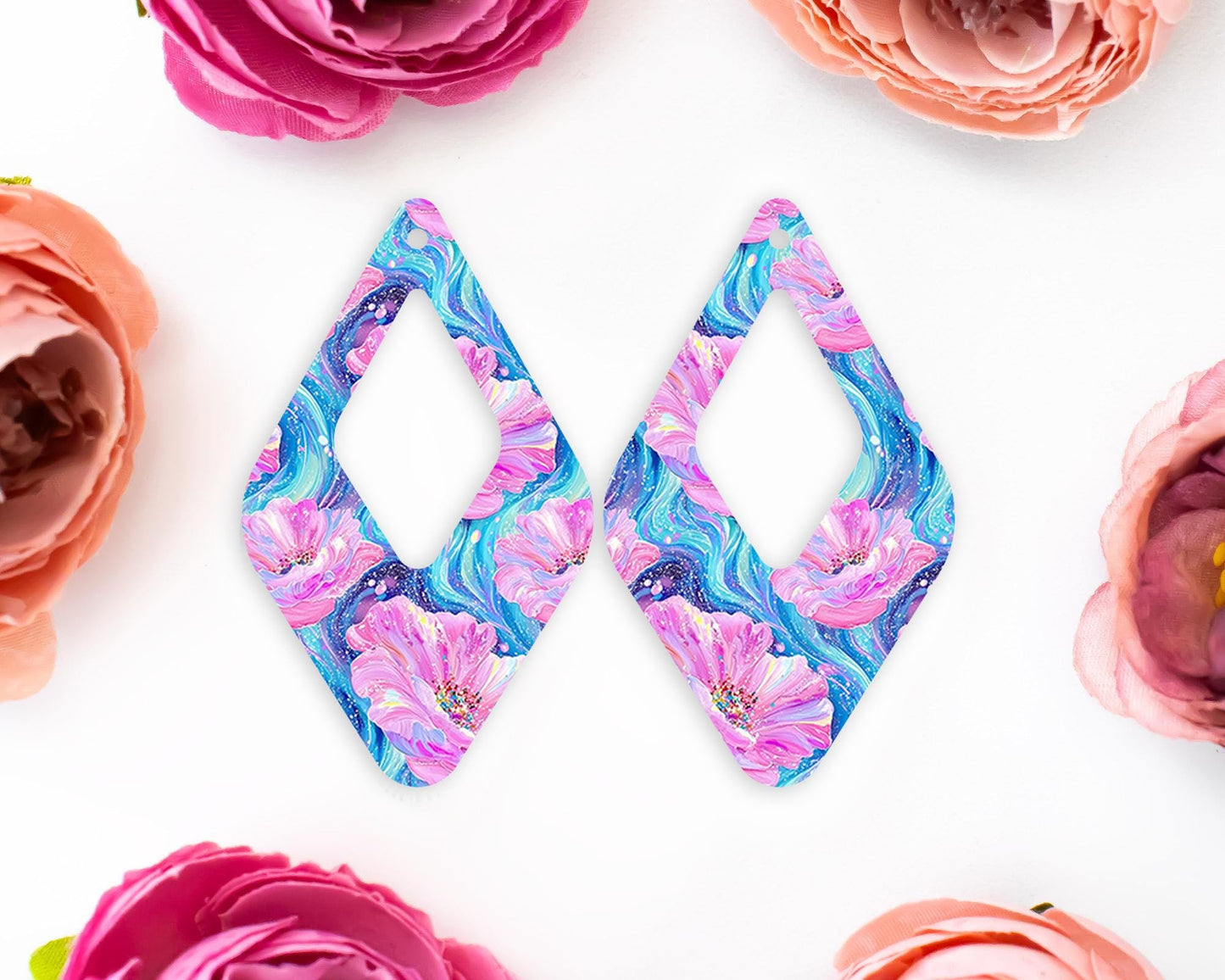 Pink & Blue Flowers Teardrop Earrings Blanks