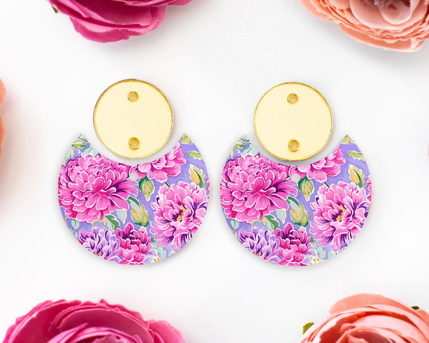 Peony Flowers Circle Drop Earrings Blanks