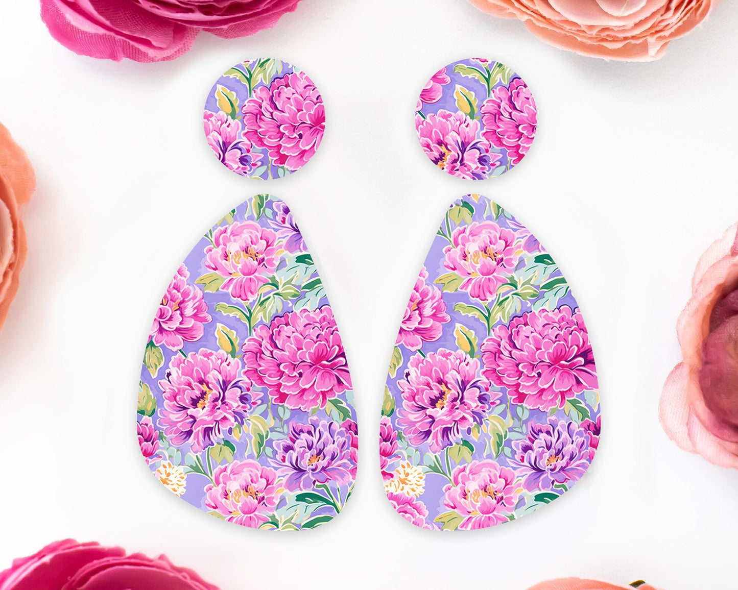 Peony Flowers Teardrop Earrings Blanks