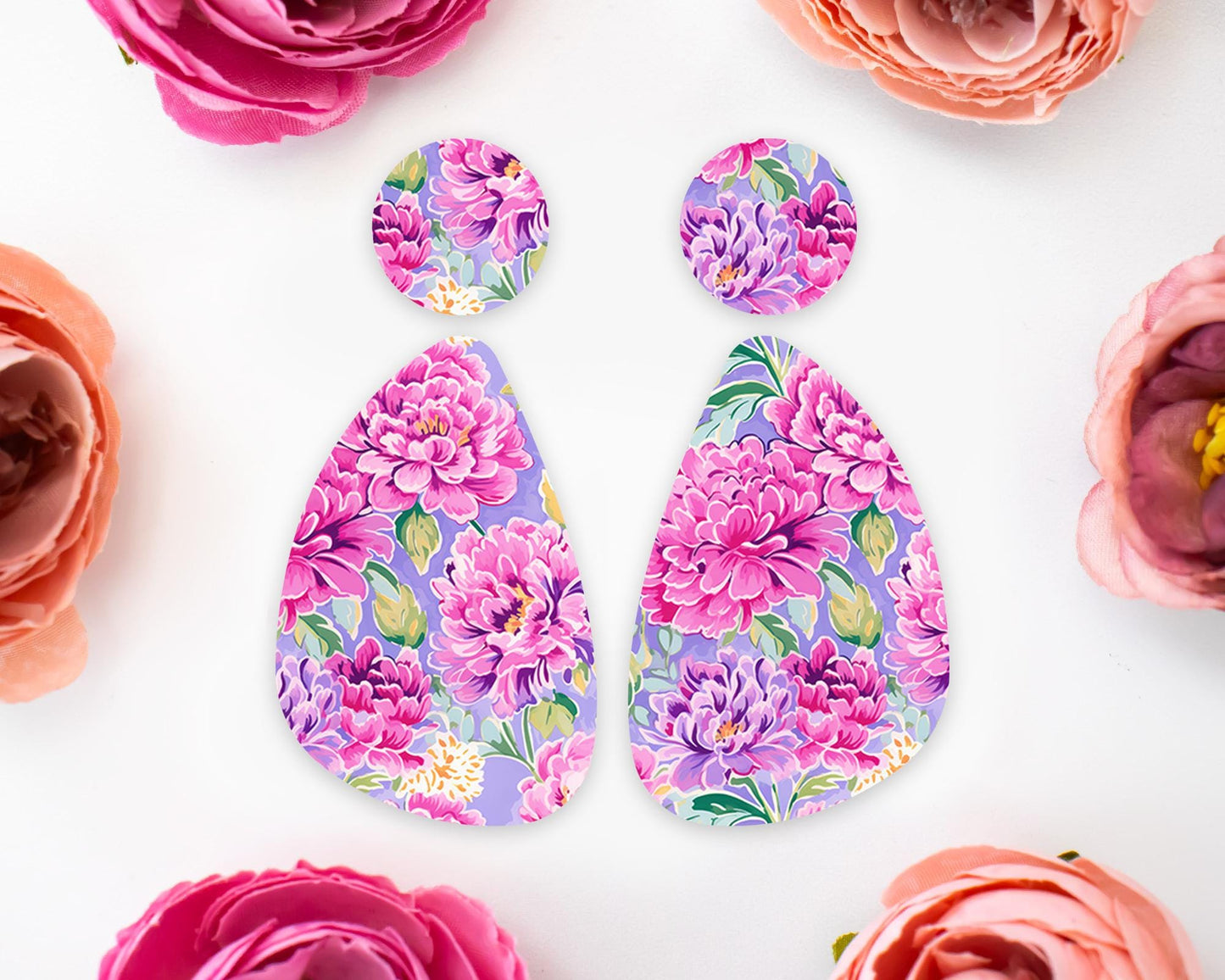 Peony Flowers Teardrop Earrings Blanks