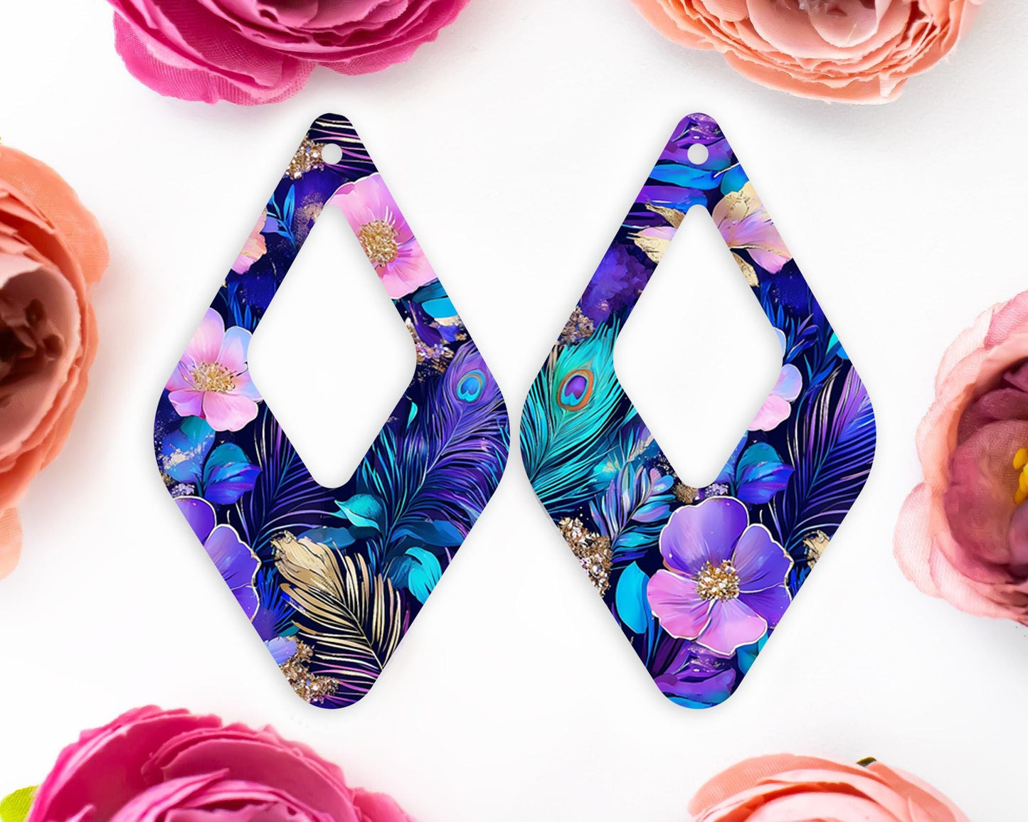 Peacock Feathers Flowers Diamond Teardrop Earrings Blanks