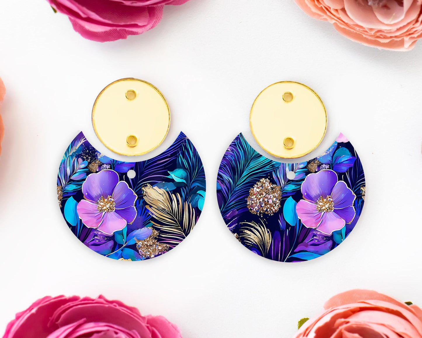 Peacock Feathers Flowers Circle Drop Earrings Blanks