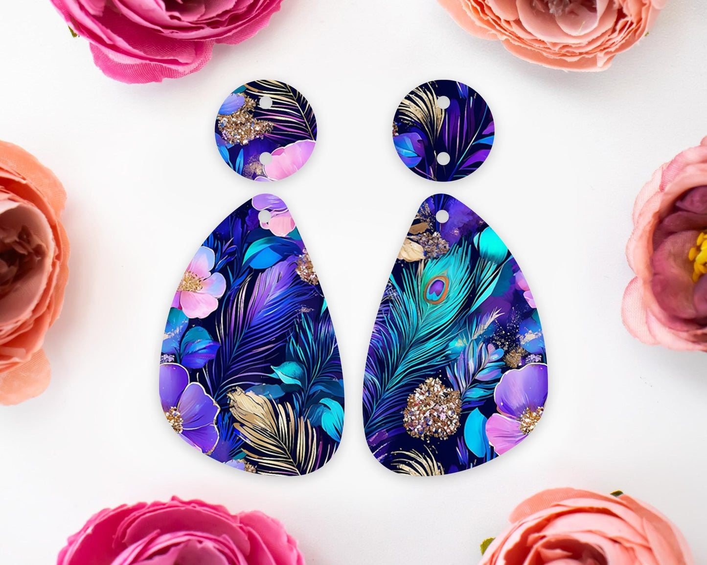 Peacock Feathers Flowers Pattern Teardrop Earrings Blanks