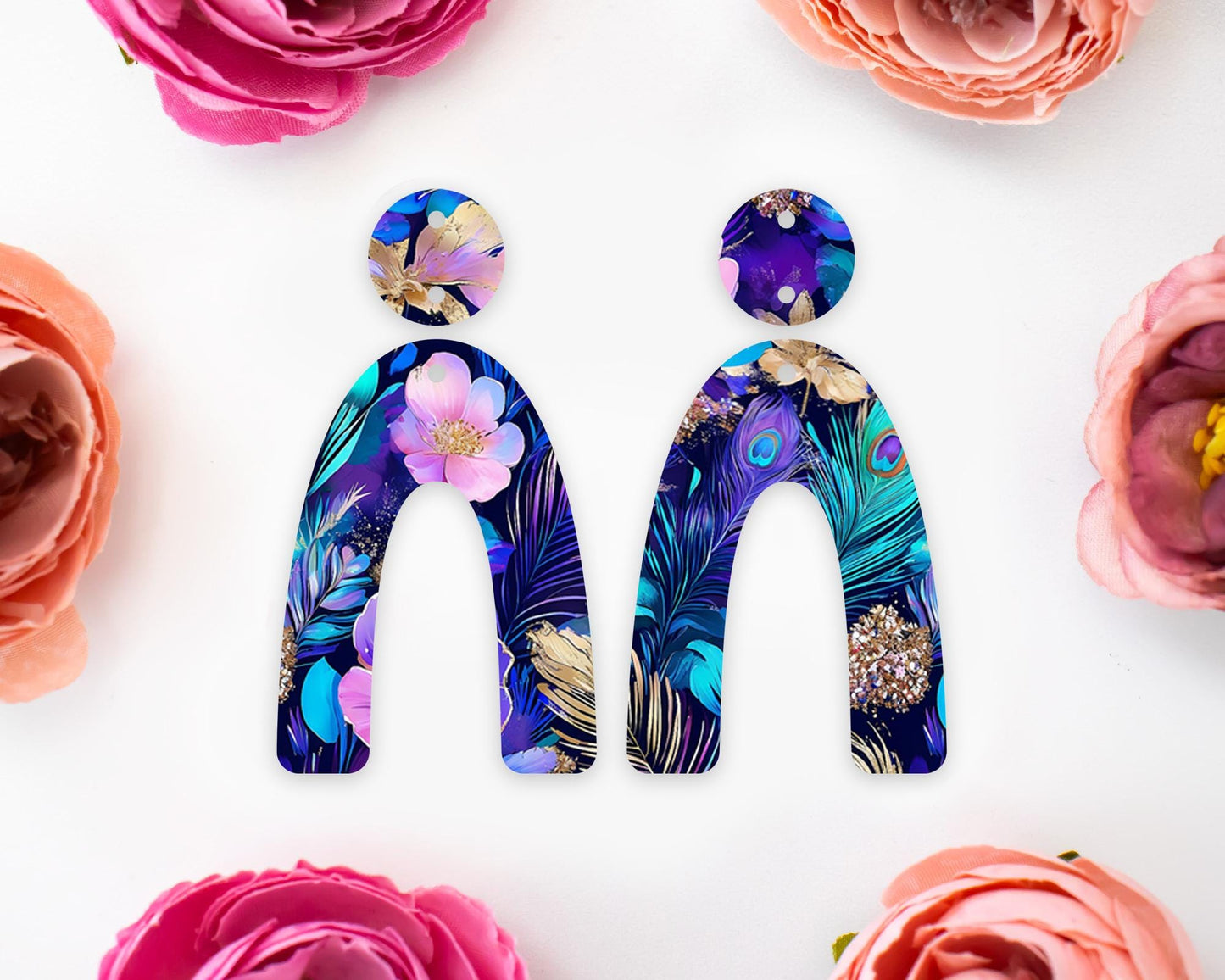 Peacock Feathers Flowers Arch Earrings Blanks