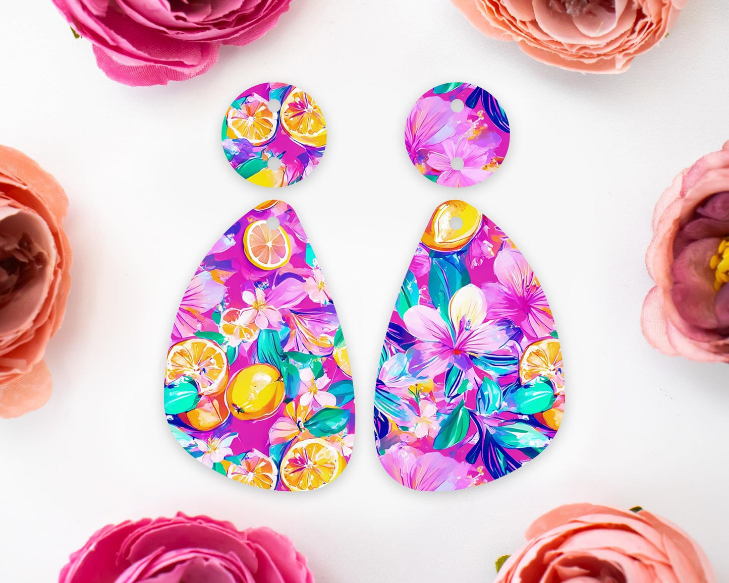 Tropical Flowers & Lemon Teardrop Earrings Blanks