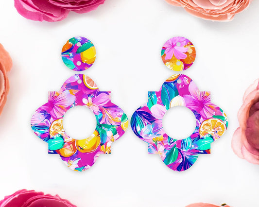 Tropical Flowers & Lemon Geometric Earrings Blanks