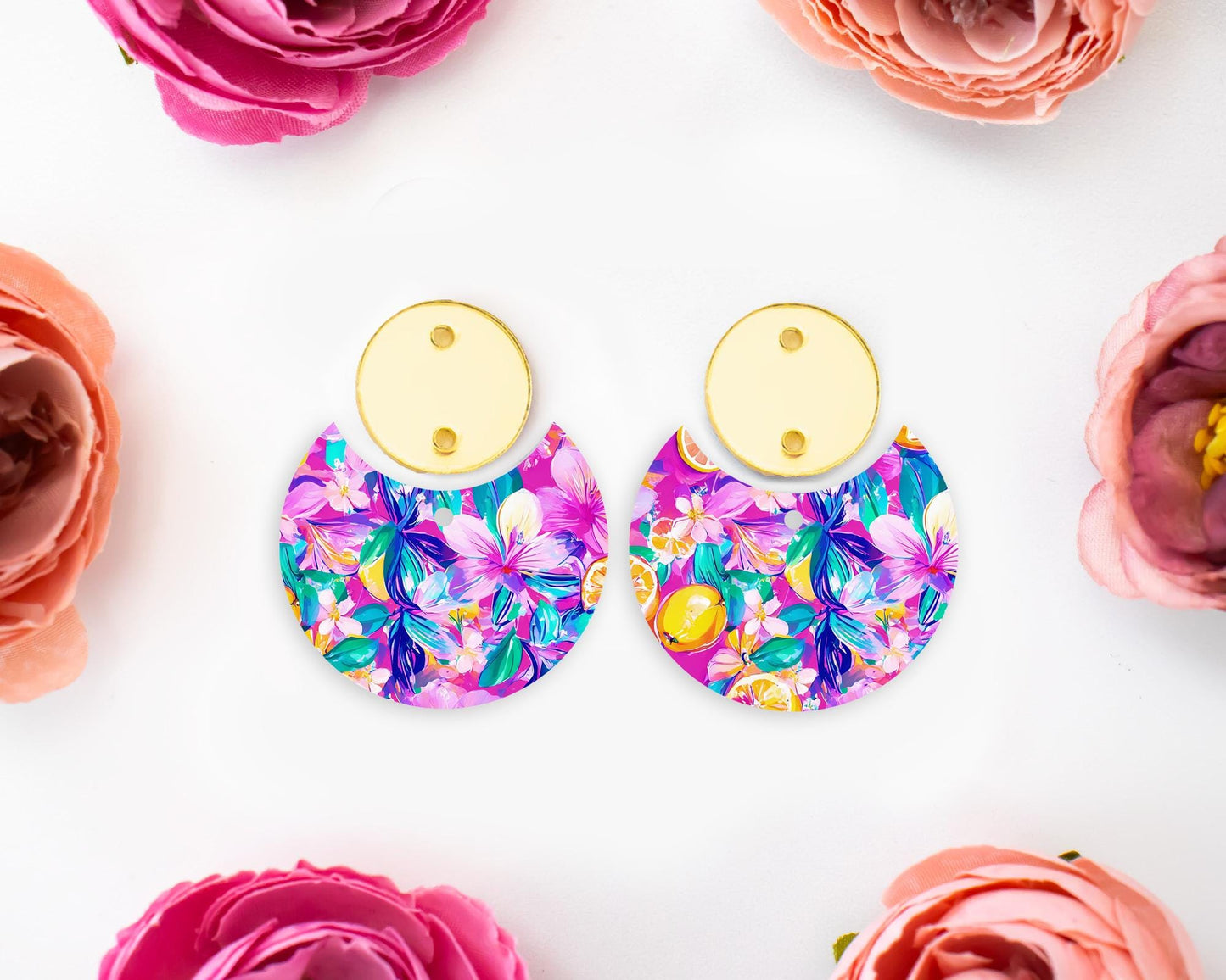 Tropical Flowers & Lemon Circle Drop Earrings Blanks