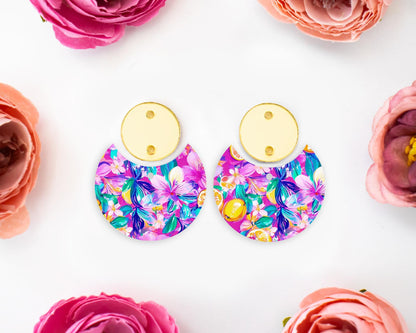 Tropical Flowers & Lemon Circle Drop Earrings Blanks