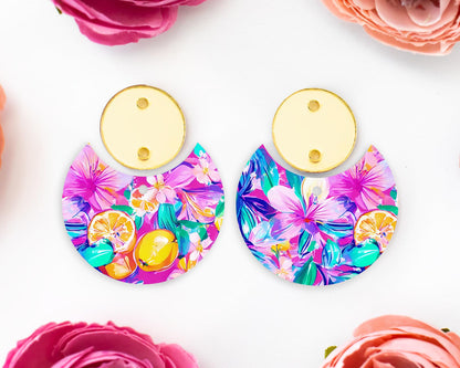 Tropical Flowers & Lemon Circle Drop Earrings Blanks