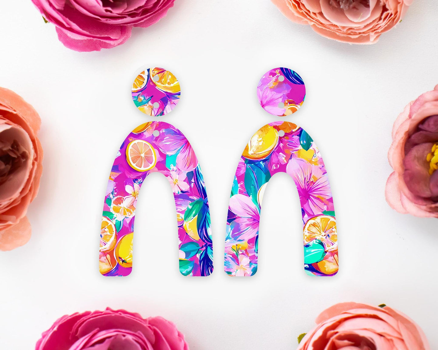 Tropical Flowers & Lemon Arch Earrings Blanks