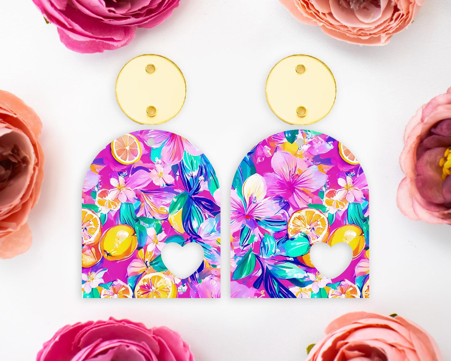 Tropical Flowers & Lemon Arch Earrings Blanks