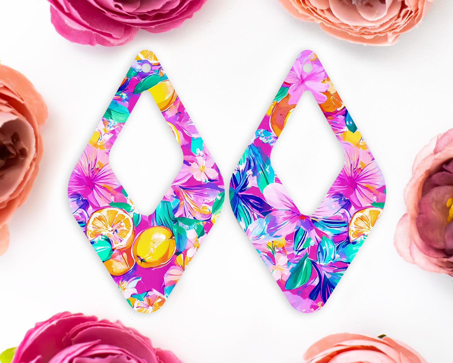 Tropical Flowers & Lemon Diamond Earrings Blanks
