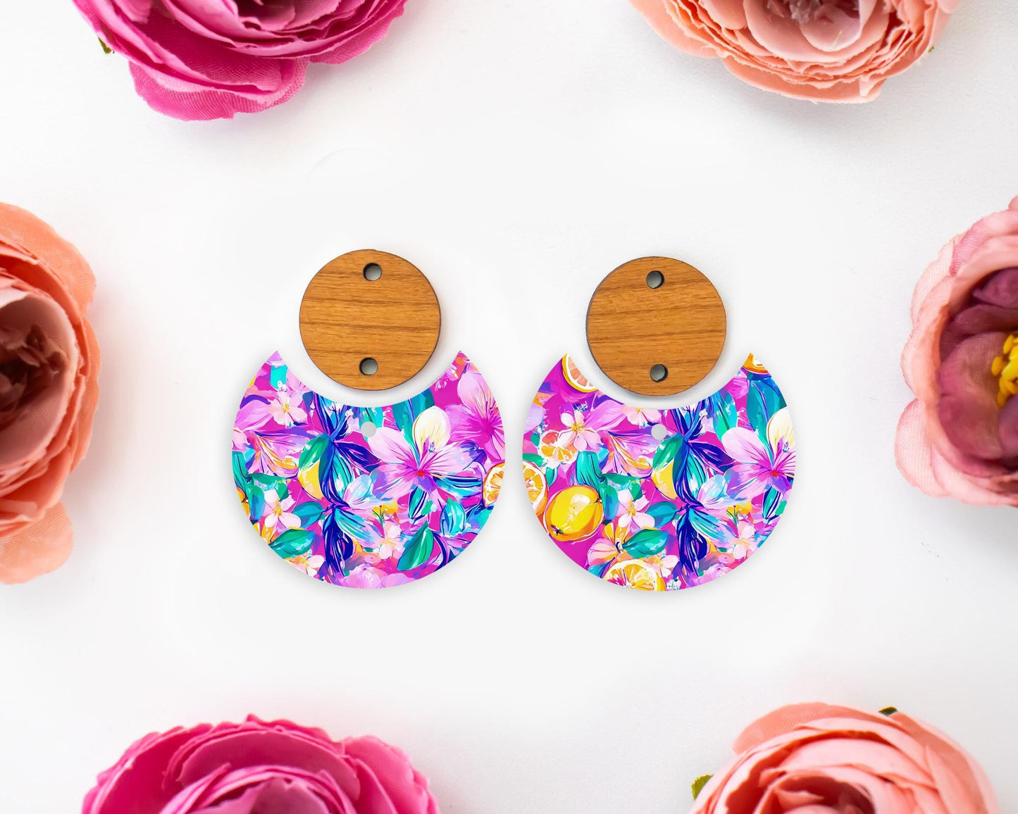Tropical Flowers & Lemon Circle Drop Earrings Blanks