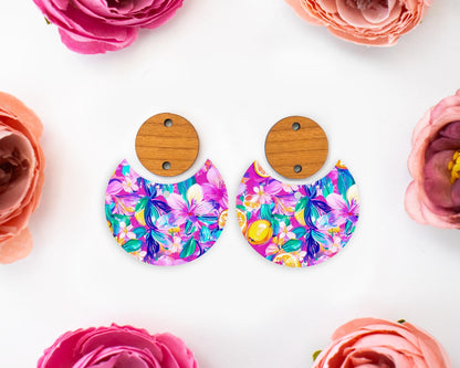 Tropical Flowers & Lemon Circle Drop Earrings Blanks