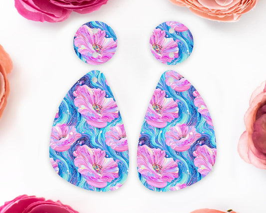 Pink & Blue Flowers Teardrop Earrings Blanks