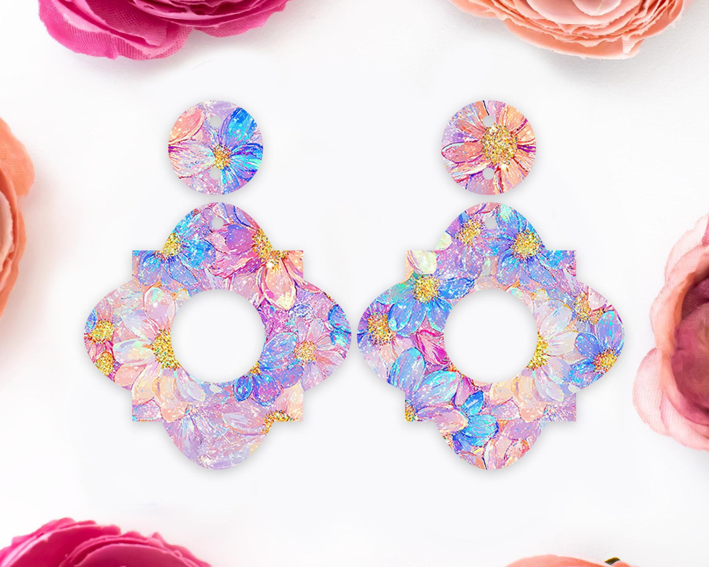 Pastel Flowers Geometric Earrings Blanks