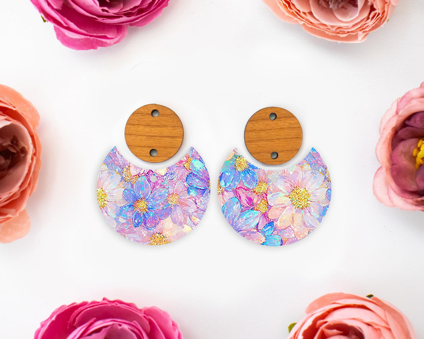Pastel Flowers Circle Drop Earrings Blanks