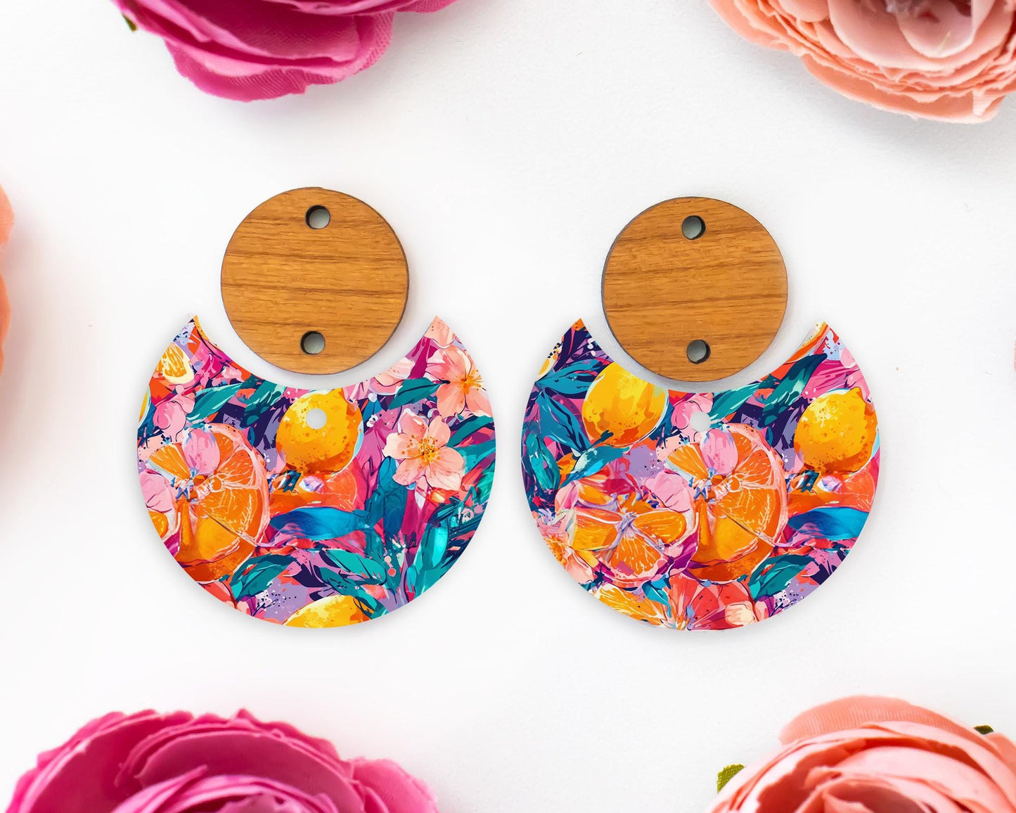 Oranges & Tropical Flowers Circle Drop Earrings Blanks