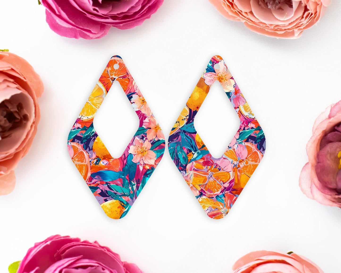 Oranges & Tropical Flowers Diamond Earrings Blanks