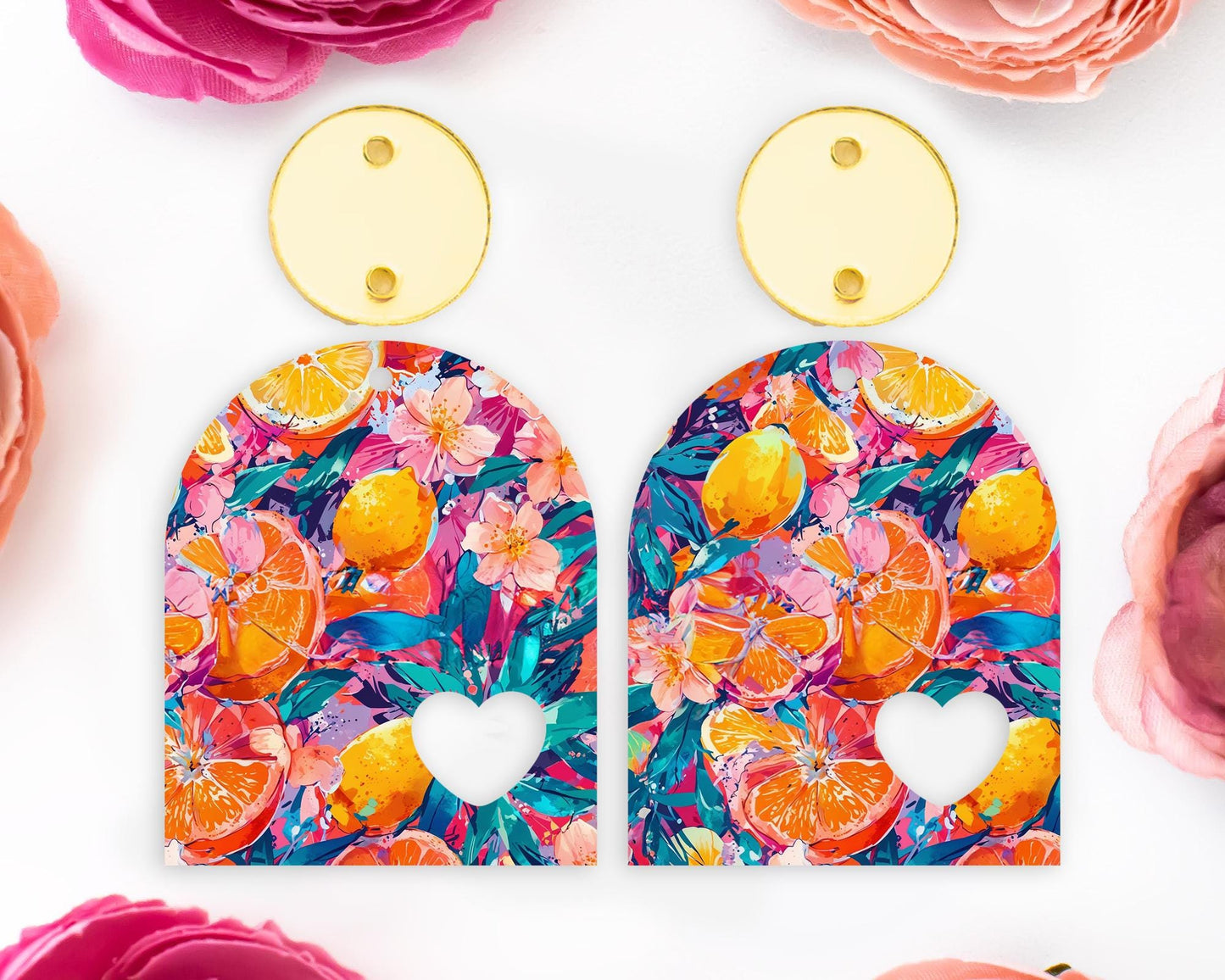 Oranges & Tropical Flowers Heart Arch Earrings Blanks
