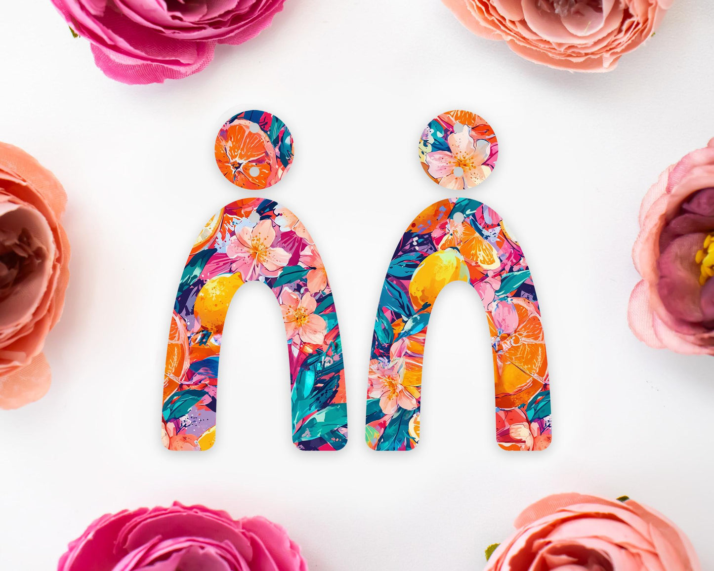Oranges & Tropical Flowers Arch Earrings Blanks