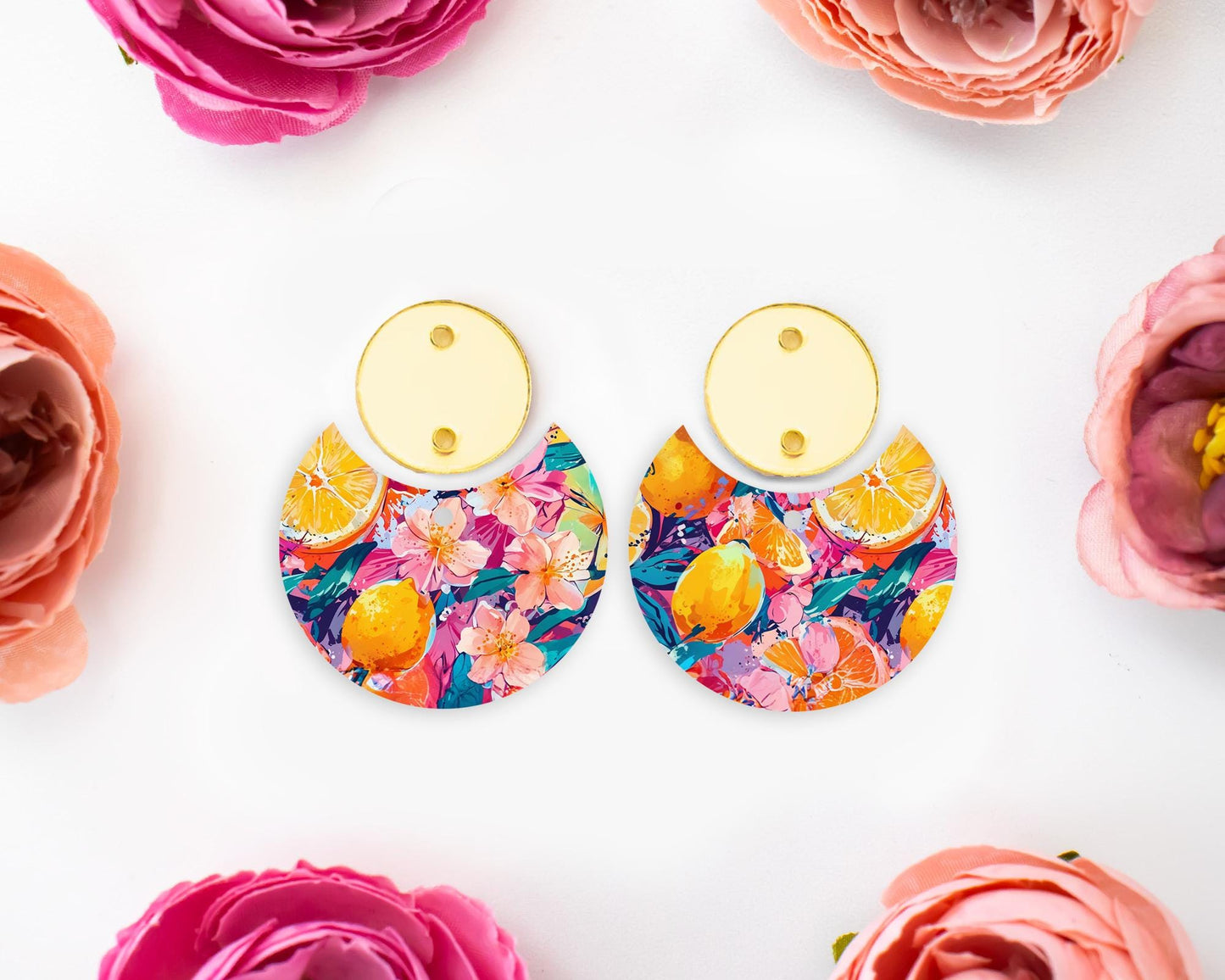 Orange & Tropical Flowers Circle Drop Earrings Blanks