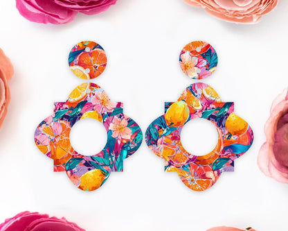 Oranges & Tropical Flowers Geometric Earrings Blanks