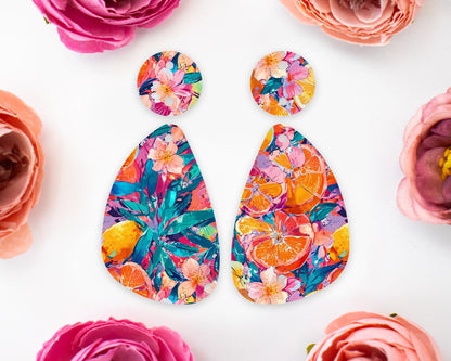 Oranges & Tropical Flowers Teardrop Earrings Blanks