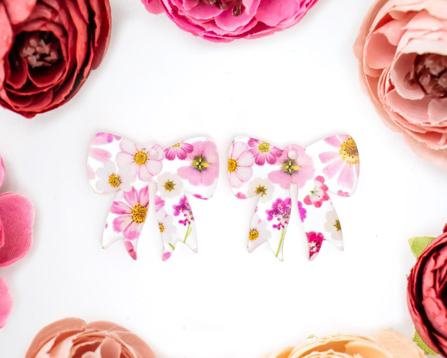 Pink Pressed Flowers Bow Earrings Blanks