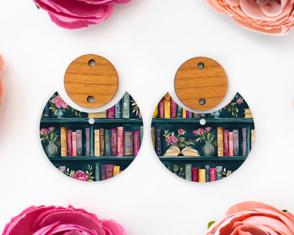 Books Pattern Circle Drop Earring Blanks