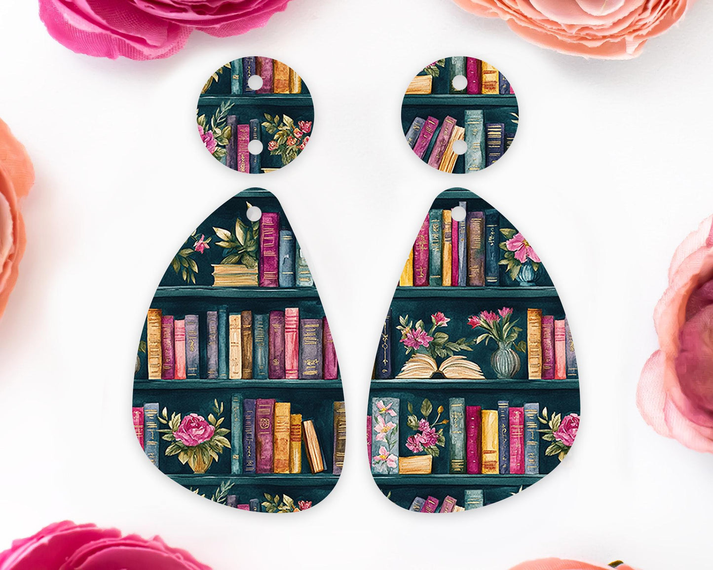 Books Pattern Teardrop Earring Blanks