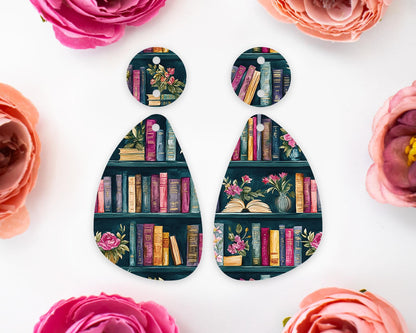 Books Pattern Teardrop Earring Blanks