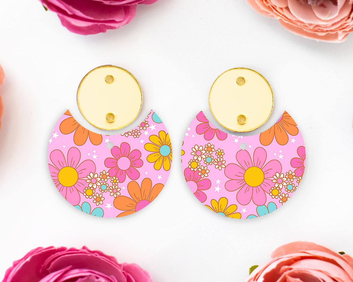 Retro Flowers Circle Drop Earrings Blanks
