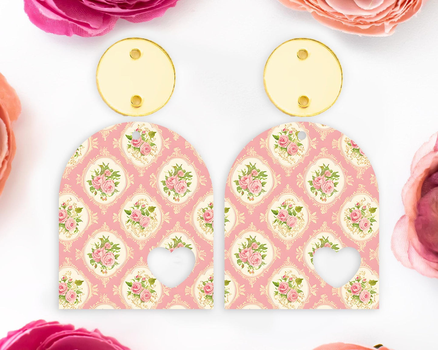 Pink Vintage Flowers Arch Earrings Blanks