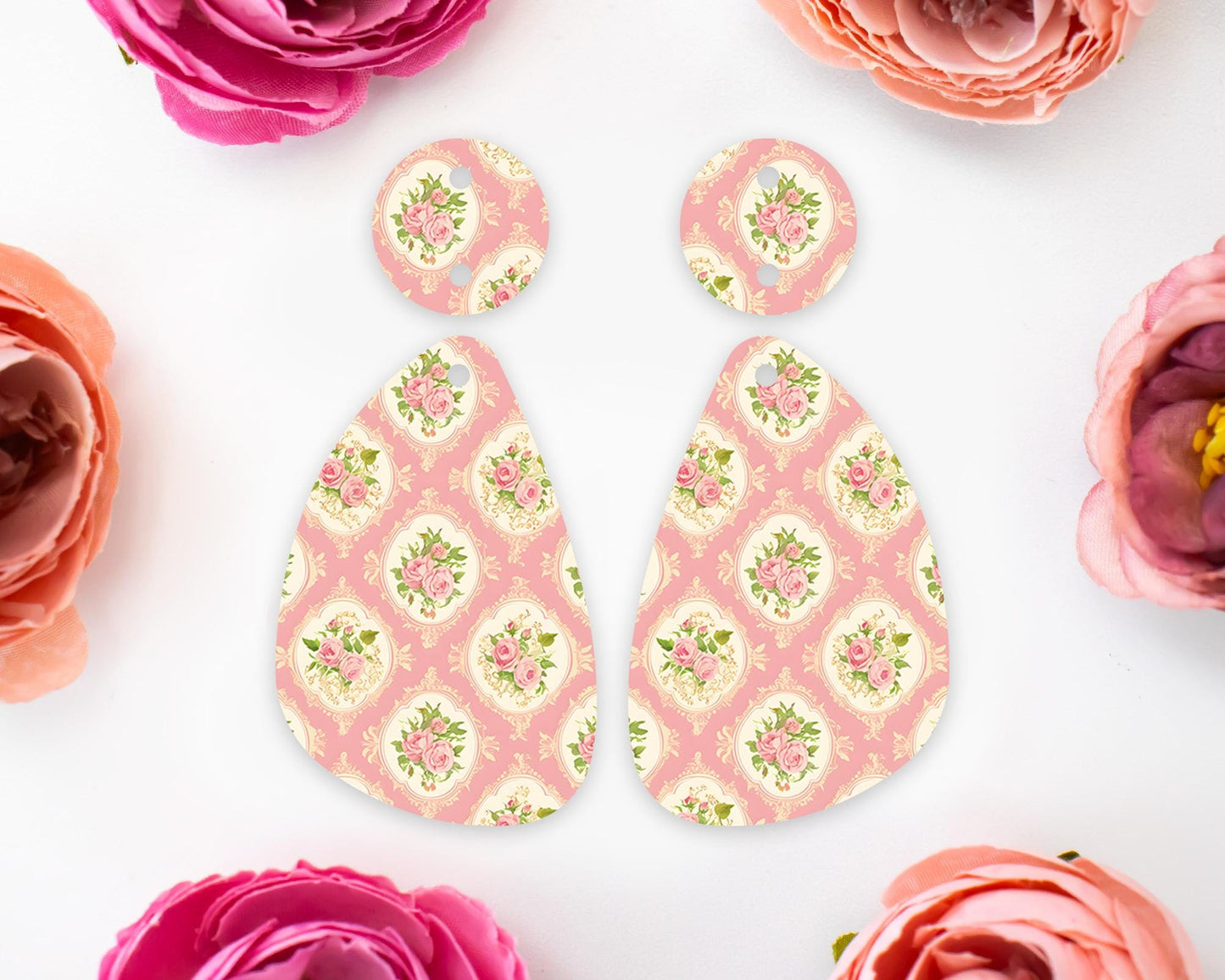 Pink Vintage Flowers Teardrop Earrings Blanks